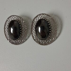Vintage Whiting & Davis Hematite Clip On Earrings Signed Filigree Retro Glam 50s